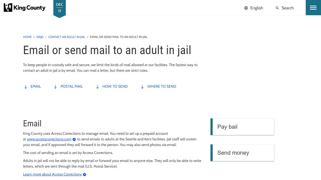 Email or send mail to an adult in jail - King County, Washington
